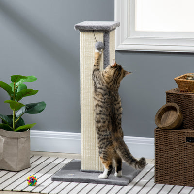 PawHut 81cm Cat Scratcher, Vertical Full Scratcher w/ Natural Sisal Rope, Hanging Ball, Soft Plush - Grey 
