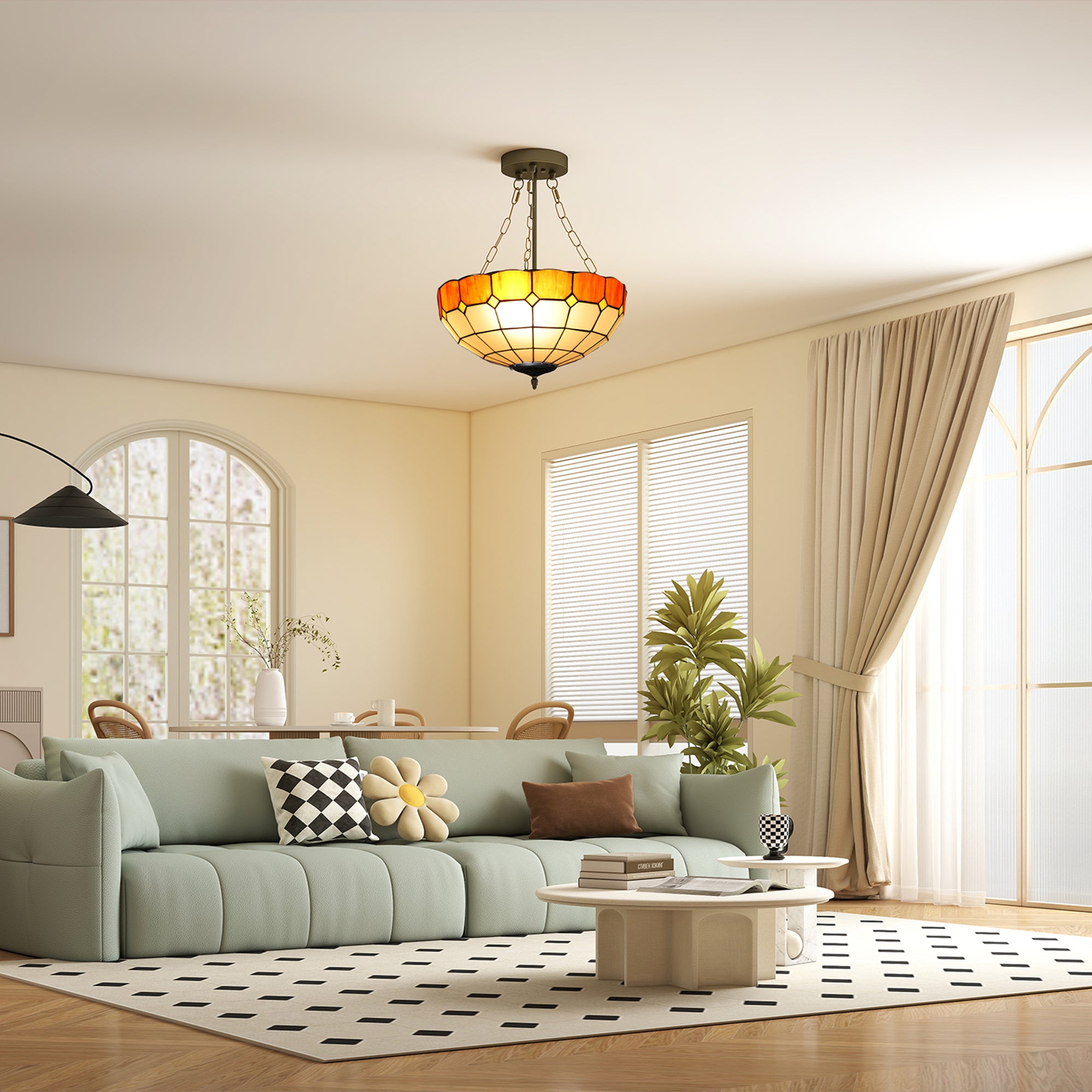 HOMCOM Tiffany Style Ceiling Light, Vintage Chandelier with 3 E27 Sockets, Semi Flush Mount for Living Room, Bulbs Not Included 