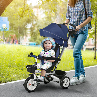HOMCOM Metal Frame 6 in 1 Baby Push Tricycle with Parent Handle for 1-5 Years Old, Dark Blue 