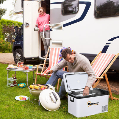 Outsunny 12V Car Refrigerator w/ LED Light & Foldable Handles, 25L Portable Compressor Cooler, Fridge Freezer with 12/24V DC and 110-240V AC for Campervan RV Boat Travel 