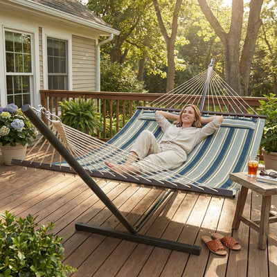 Outsunny Outdoor Hammock with Stand Detachable Pillow Striped Swing Steel Frame, for Garden, Patio, Green 