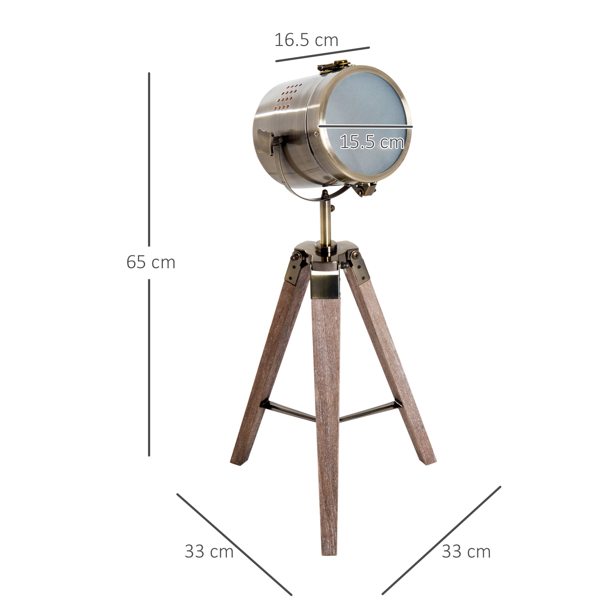 HOMCOM Vintage Tripod Table Desk Lamp Bedside Light Spotlight Brass Antique Searchlight Wooden Base 