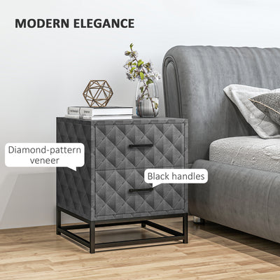 HOMCOM Bedside Tables Set of 2, Modern Bedside Table Nightstand with 2 Drawers, Bedside Cabinet Sofa Side Table with Storage, Steel Legs for Bedroom, Living Room, Grey 