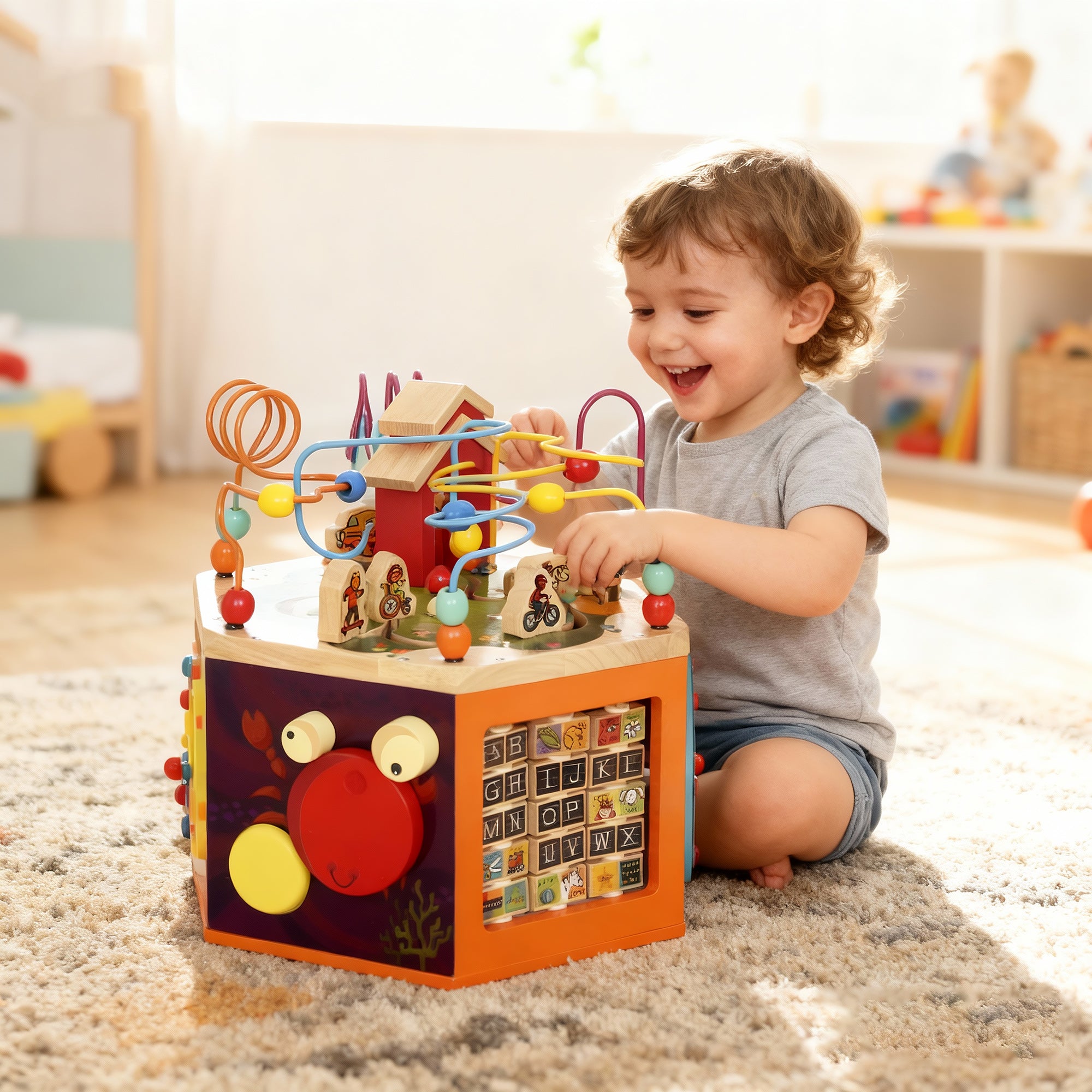 AIYAPLAY 8 in 1 Wooden Activity Cube with Bead Maze, Shape Sorter, for Kids Boys Girls 18+ Months 