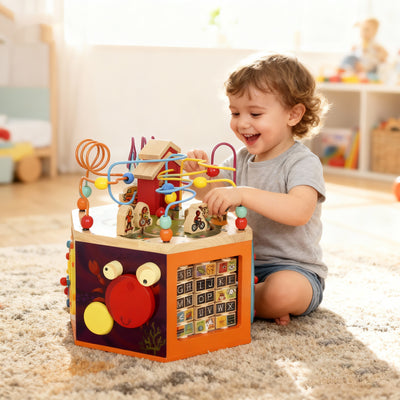 AIYAPLAY 8 in 1 Wooden Activity Cube with Bead Maze, Shape Sorter, for Kids Boys Girls 18+ Months 