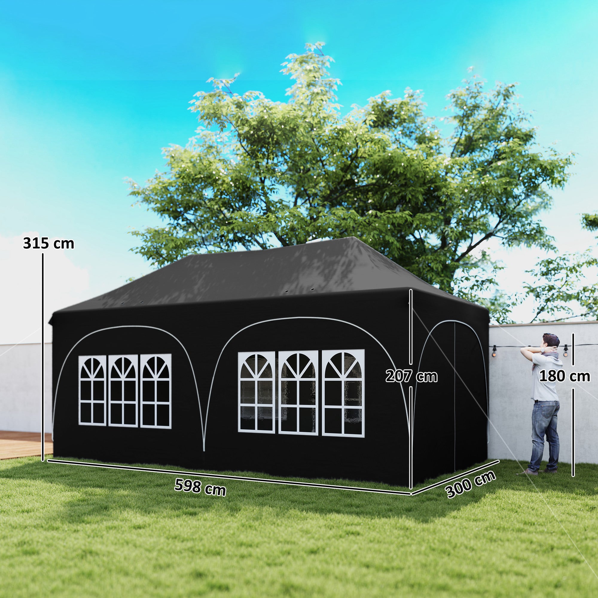 Outsunny 3 x 6m Pop Up Gazebo Shelter with Sides, 6 Sandbags, Peak Top Garden Party Tent Marquee with Carry Bag, Black 