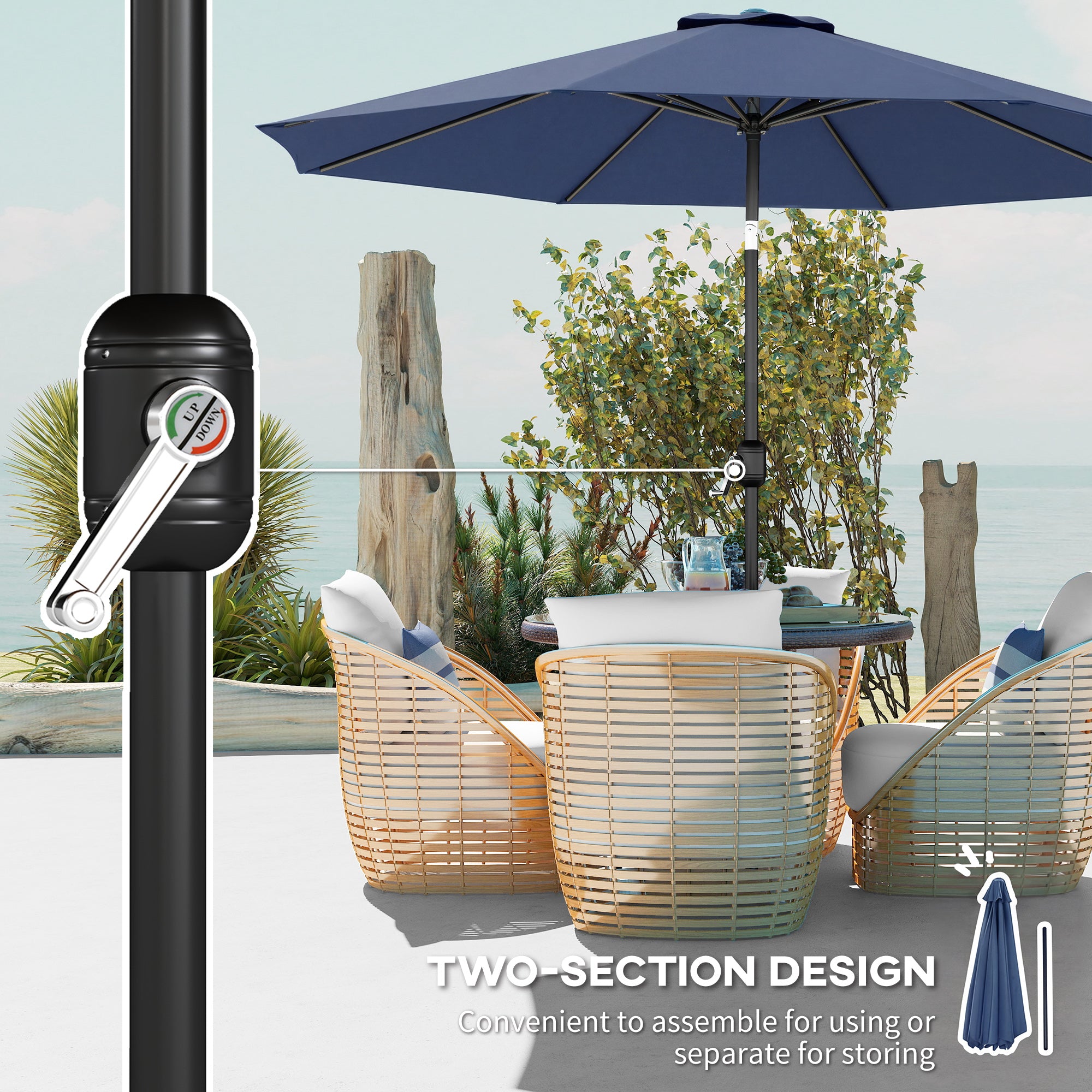 Outsunny 3 m Garden Parasol Umbrellas, Outdoor Sun Shade with 8 Ribs, Tilt and Crank Handle, Navy Blue 