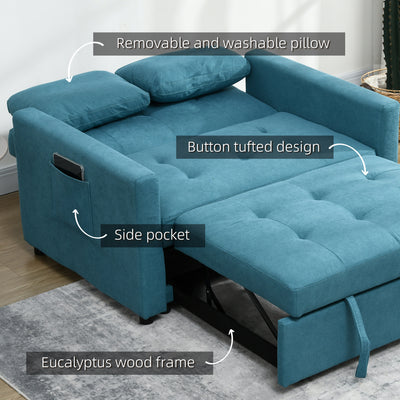 HOMCOM Loveseat Sofa Bed, Convertible Bed Settee with 2 Cushions, Side Pockets for Living Room, Blue 