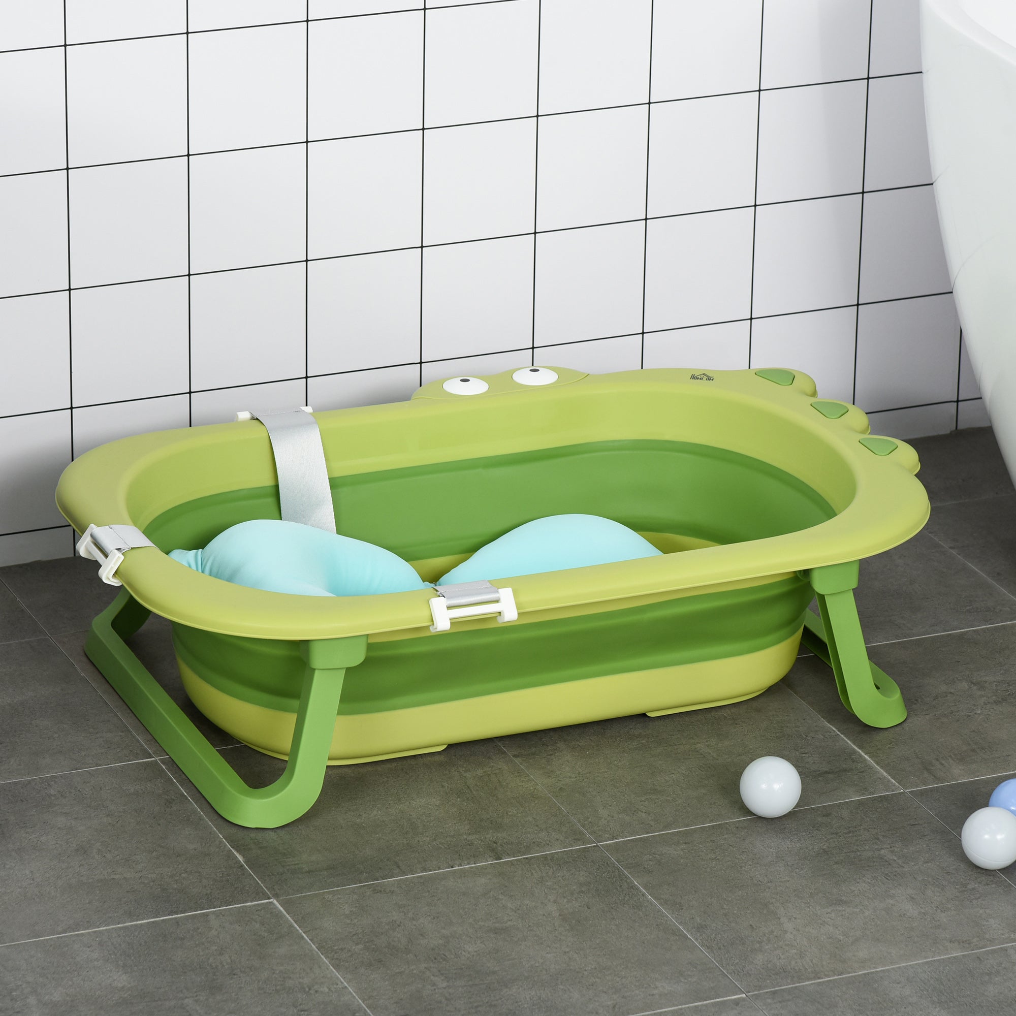 HOMCOM Baby Bath Tub for Toddler Kids Infant Ergonomic Foldable Secure Non-Slip Portable with Baby Cushion for 0-3 Years Green 