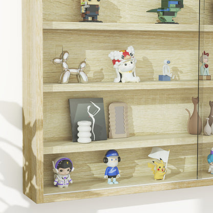 HOMCOM 5-Tier Wall Display Shelf Unit Cabinet w/ 4 Adjustable Shelves Glass Doors Home Office Ornaments 60x80cm Oak 