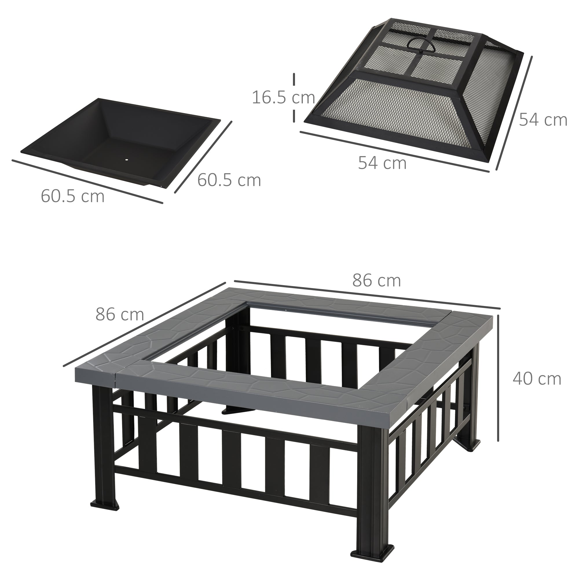 Outsunny Metal Large Firepit Outdoor Square Fire Pit Brazier w/ Rain Cover, Lid, Log Grate, Poker for Backyard, Camping, BBQ, Bonfire, Wood Burning Stove, 86 x 86 x 54cm, Black 