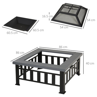 Outsunny Metal Large Firepit Outdoor Square Fire Pit Brazier w/ Rain Cover, Lid, Log Grate, Poker for Backyard, Camping, BBQ, Bonfire, Wood Burning Stove, 86 x 86 x 54cm, Black 