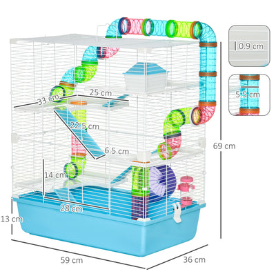 PawHut Hamster Cage w/ Water Bottle, Exercise Wheel, Tubes, Ramps - Light Blue 