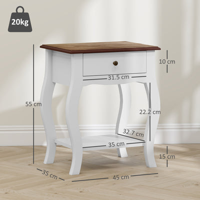 HOMCOM 2pcs Bedside Tables with Drawer, French Style Bedside Cabinets with Open Shelf for Bedroom, Living Room, White 