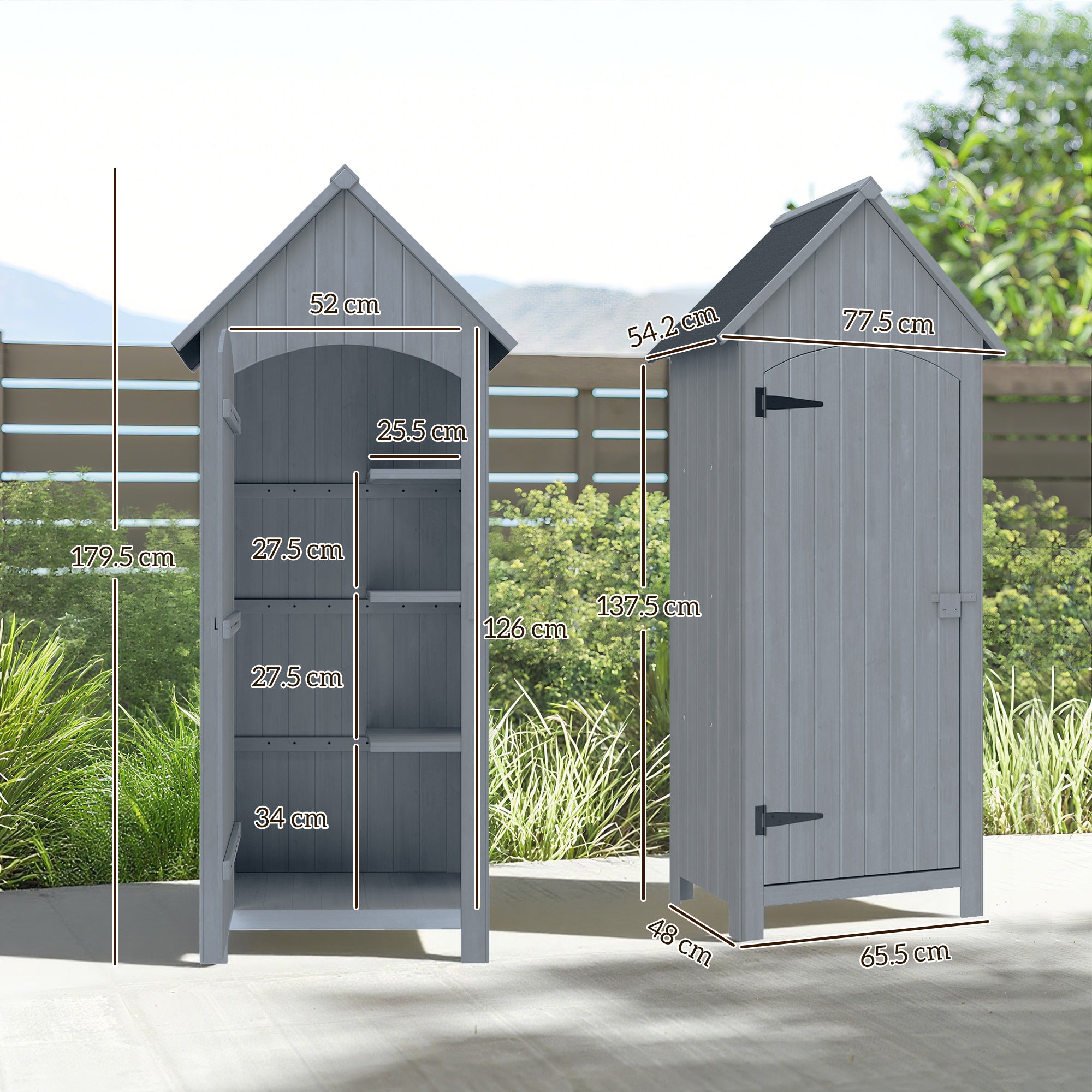 Outsunny Wooden Garden Storage Shed with 3 Shelves, Outdoor Tool Storage Cabinet with Tilt Roof and Lockable Door, 77.5 x 54.2 x 179.5 cm, Grey 