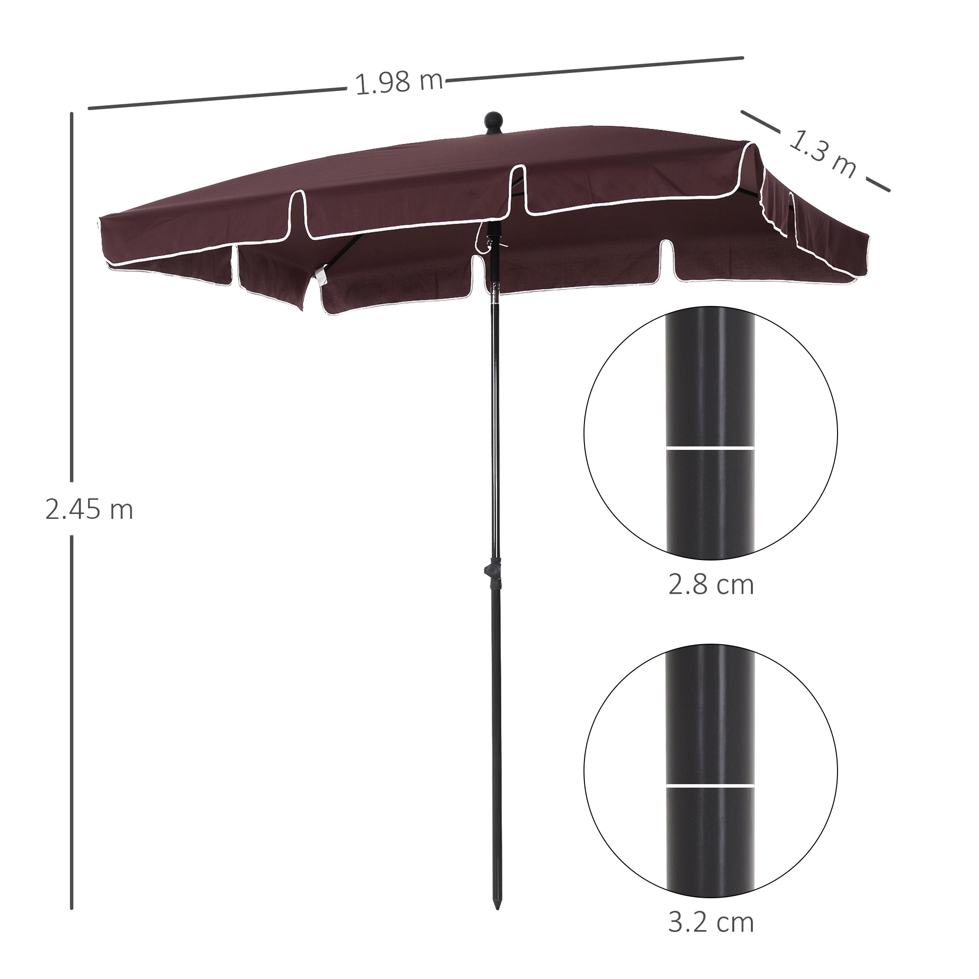 Outsunny Garden Parasol Umbrella, Outdoor Market Table Umbrella with Ruffles & Aluminium Pole, Rectangular Tilting Parasol Sun Shade Canopy, 2 x 1.3m, Brown 