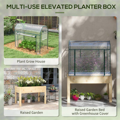 Outsunny Wooden Planter Box with Greenhouse Cover and Bed Liner, Raised Garden Bed for Vegetables, Flowers, Herbs 