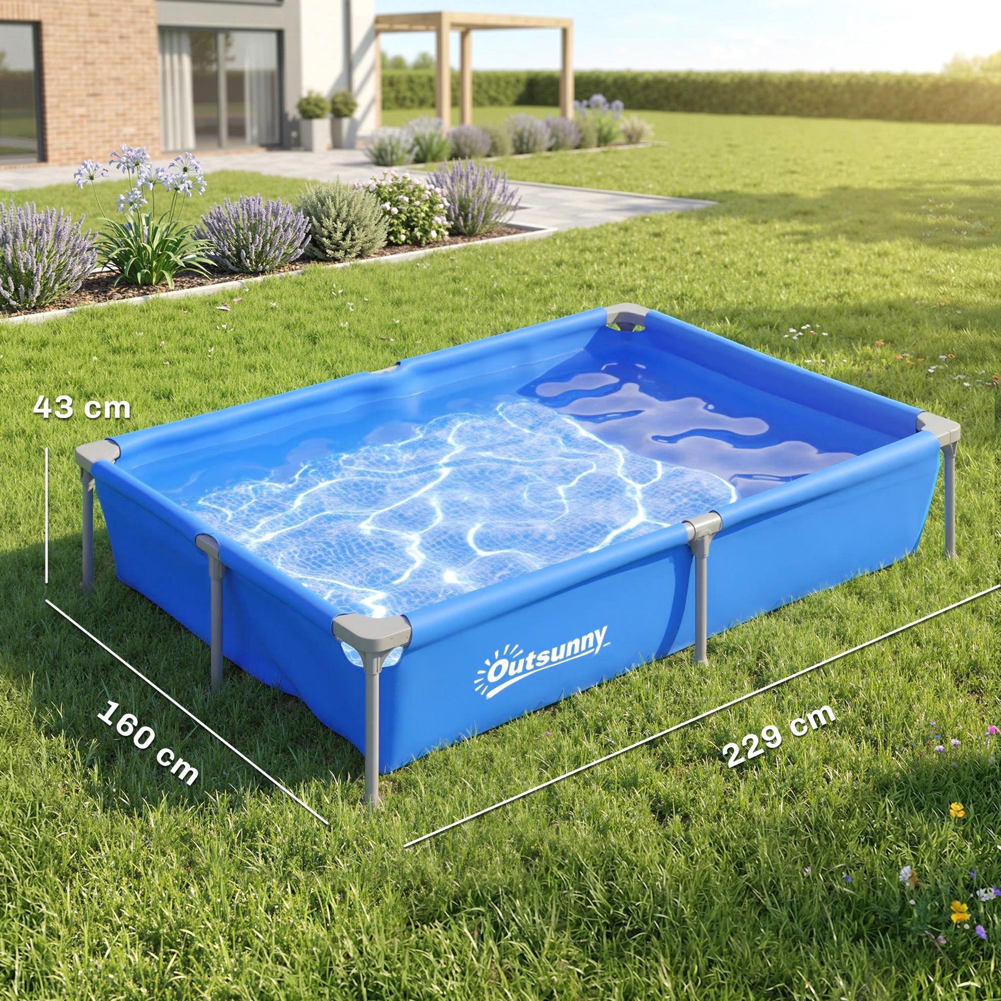 Outsunny Metal Frame Swimming Pool, Rectangular Above Ground Frame Pool with Repair Patch, 229 x 160 x 43 cm, Blue 
