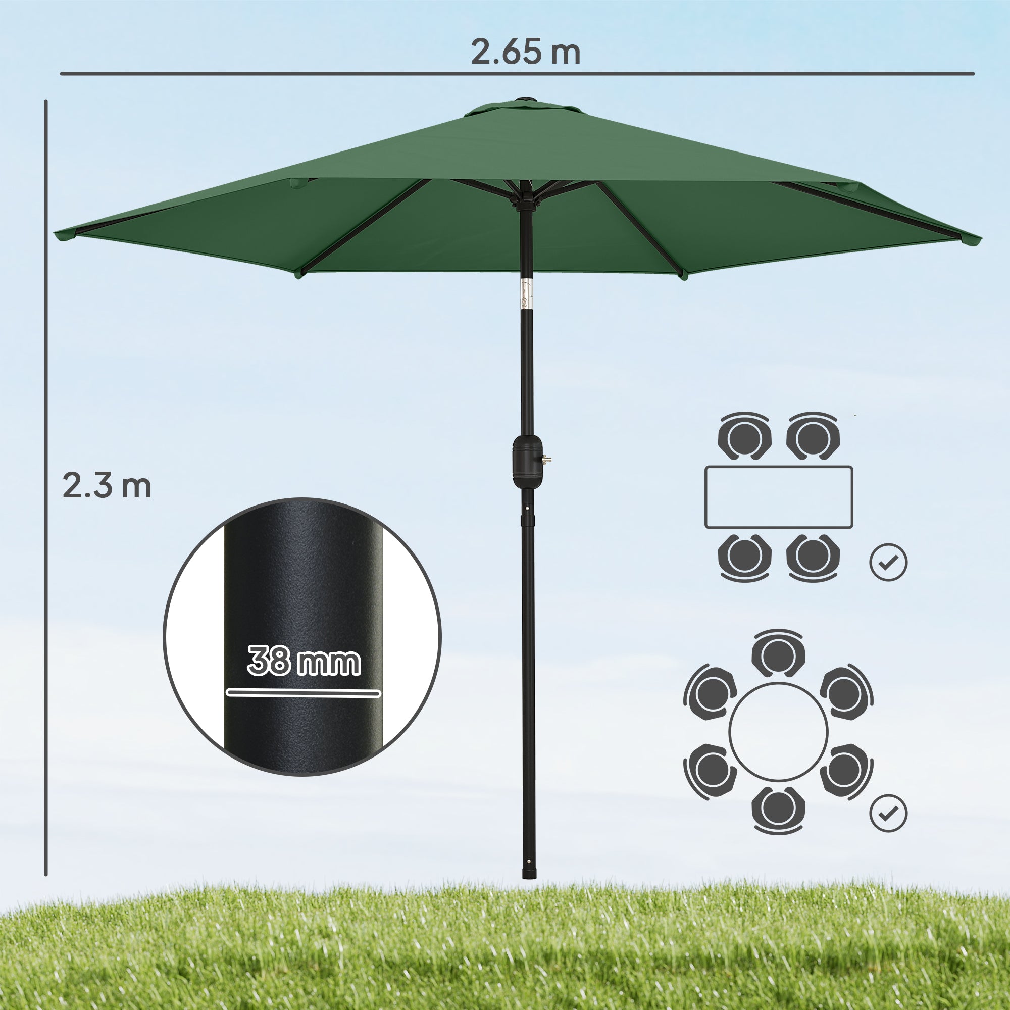 Outsunny 2.6 m Garden Parasol Umbrella with Aluminium Pole, Outdoor Patio Umbrella with Tilt and Crank, Vent, Dark Green 