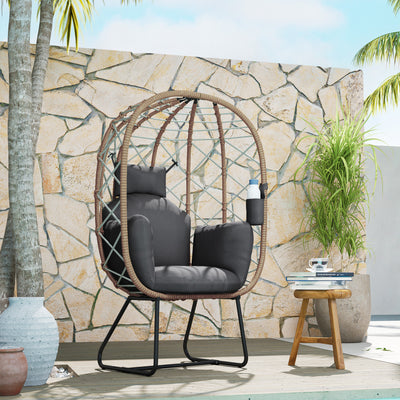 Outsunny Rattan Egg Chair Outdoor Indoor Wicker Chair with Thickened Cushion and Headrest, Standing Garden Egg Chair with Cup Holder, Metal Frame for Patio, Balcony, Brown 