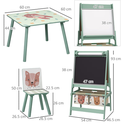 ZONEKIZ Kids Table and Chair Set and Kids Easel with Paper Roll, Storage Baskets, Kids Activity Furniture Set, Green 