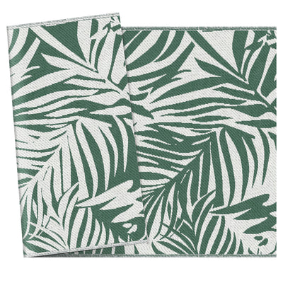 Outsunny Reversible Outdoor RV Rug, 1.5 x 2.4m Patio Floor Mat, Waterproof Plastic Straw Rug for Garden, Deck, Picnic, Beach, Camping, Green Leaves, Green and White 