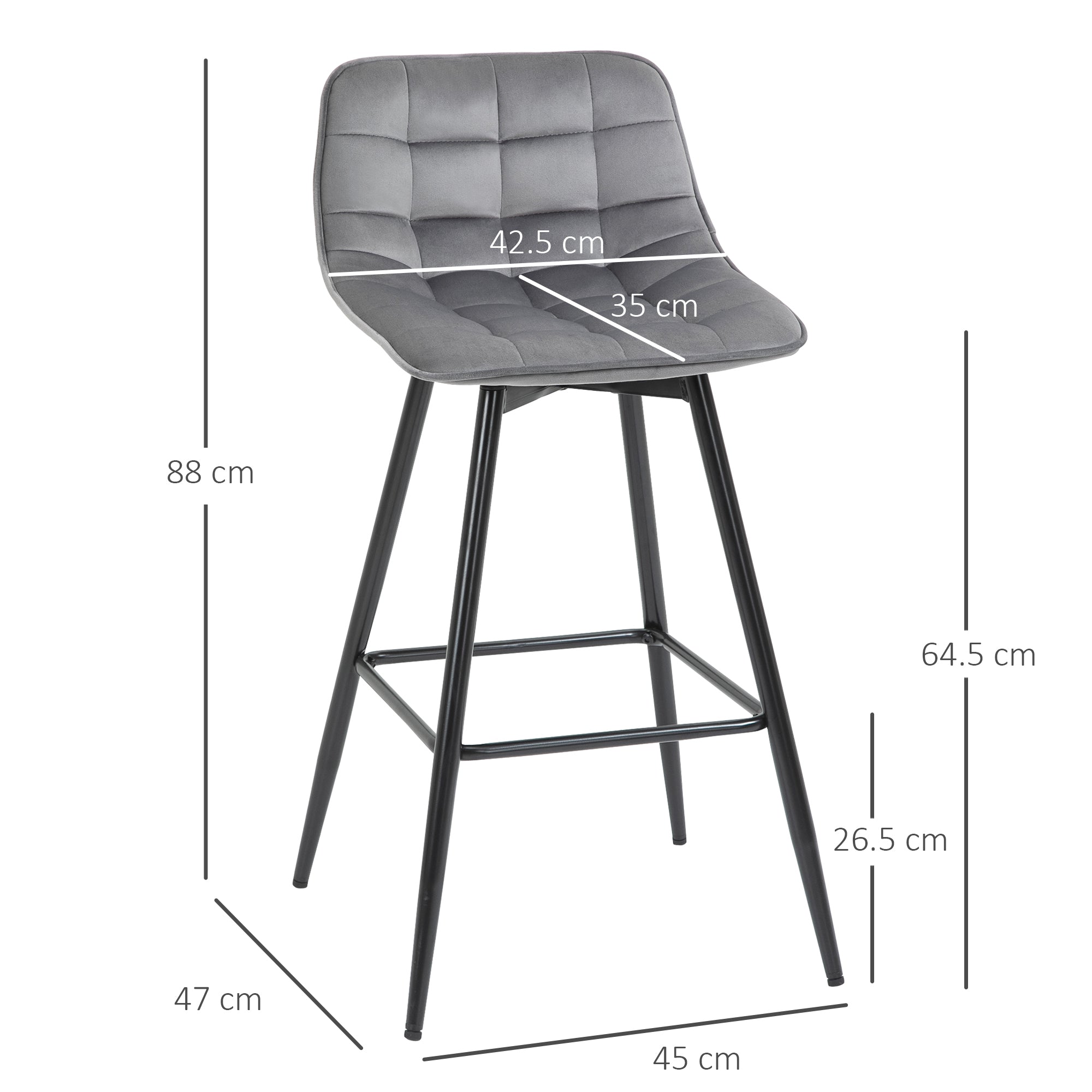 HOMCOM Set of 2 Bar Stools Velvet-Touch Dining Chairs Kitchen Counter Chairs    Fabric Upholstered seat with Metal Legs, Backrest, Grey 