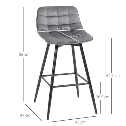 HOMCOM Set of 2 Bar Stools Velvet-Touch Dining Chairs Kitchen Counter Chairs    Fabric Upholstered seat with Metal Legs, Backrest, Grey 