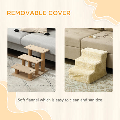 PawHut Three-Step Dog Stairs, with Washable Plush Cover, for High Bed Sofa, Dog Stairs for Small Dog and Cat - Beige 