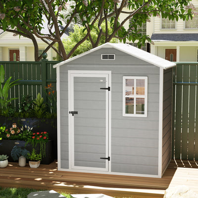 Outsunny 6 x 4ft Garden Shed, Plastic Shed with Floor, Window, Lockable Door and Vents, Wood Effect Resin Tool Shed for Outdoor, Grey 