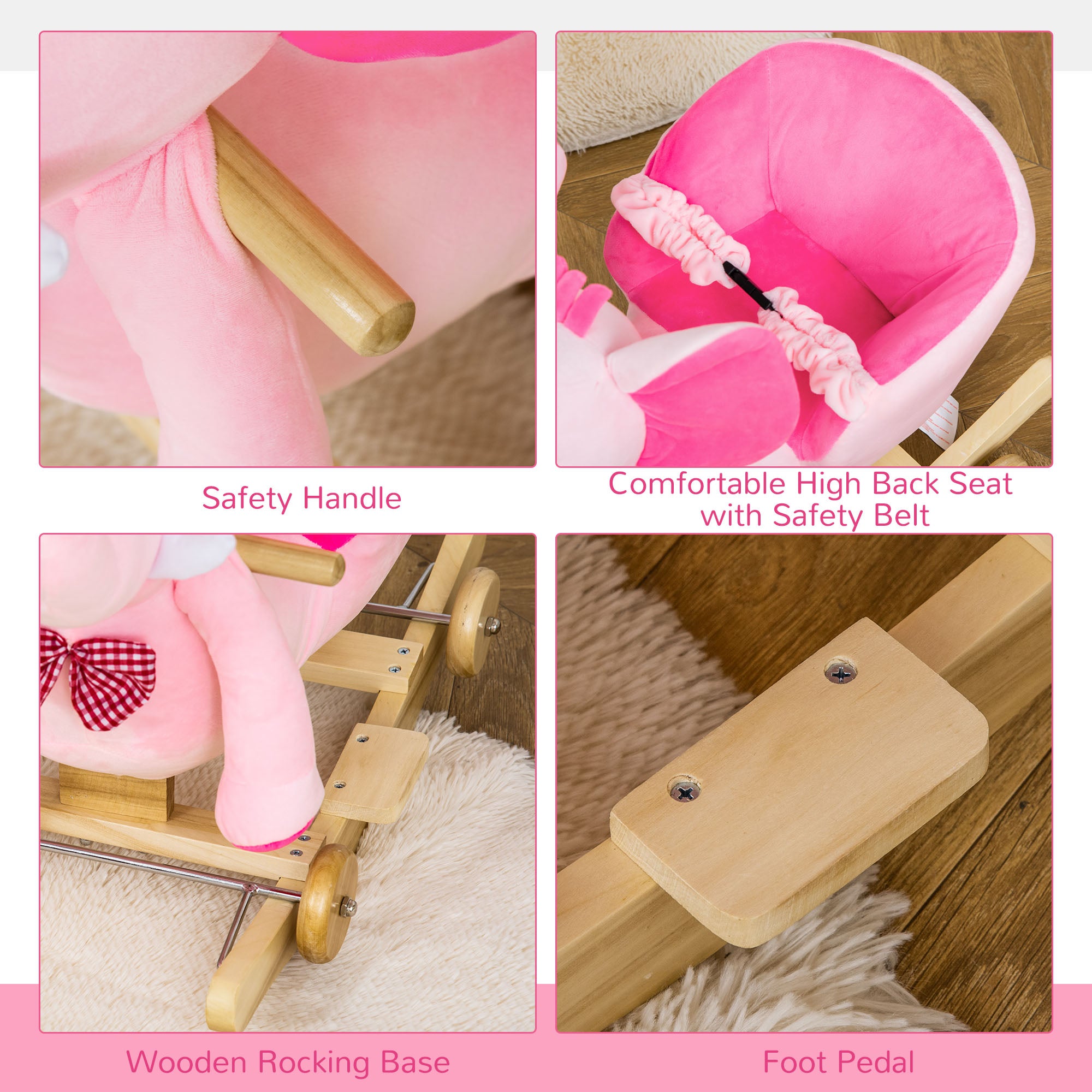 HOMCOM 2 In 1 Plush Baby Ride on Rocking Horse Elephant Rocker with Wheels Wooden Toy for Kids 32 Songs for 18+ Months (Pink) 