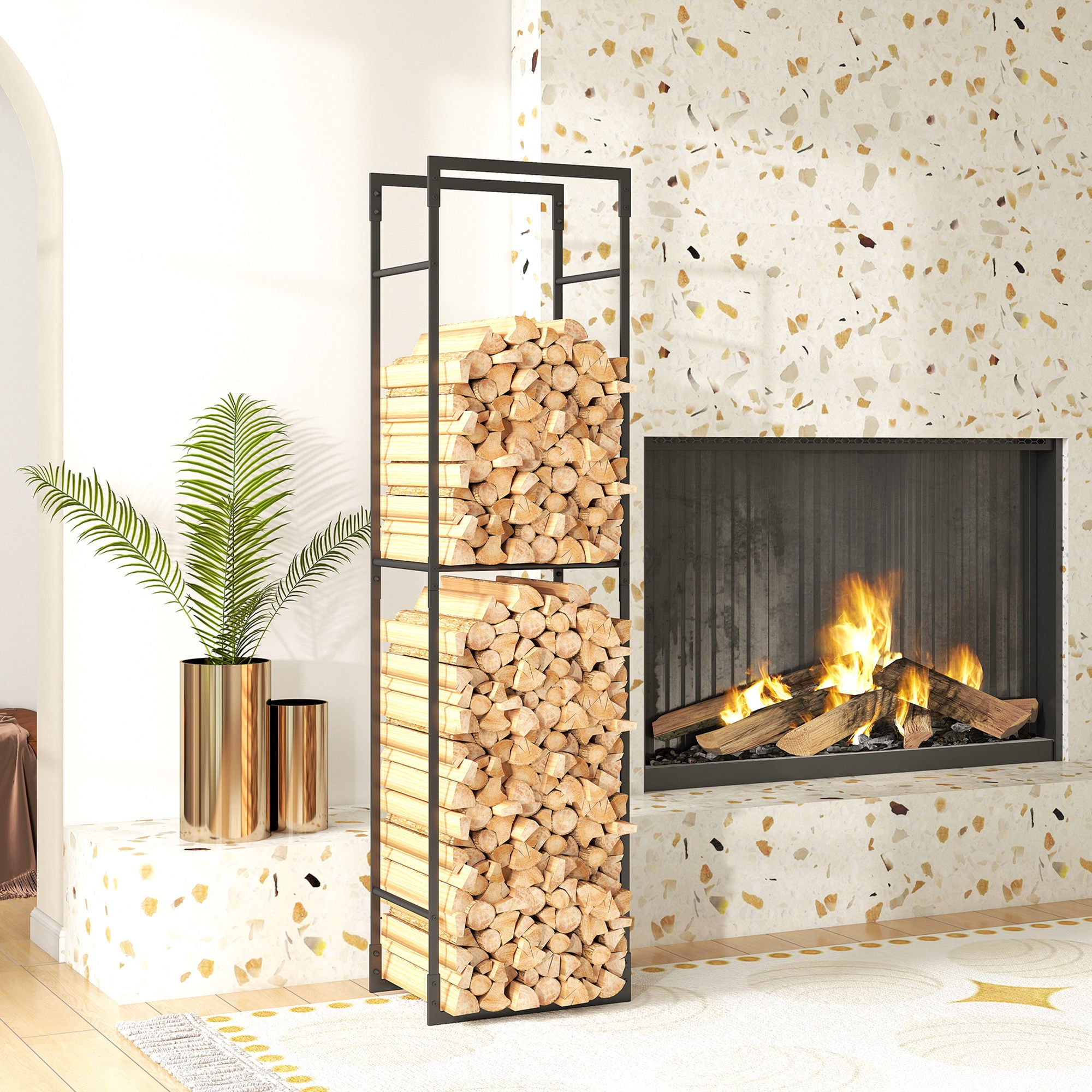 Outsunny Metal Firewood Log Holder, Heavy Duty Firewood Rack with Adjustable Shelf, Indoor Outdoor Fireplace Wood Storage Shelf, 45 x 31 x 170 cm, Black