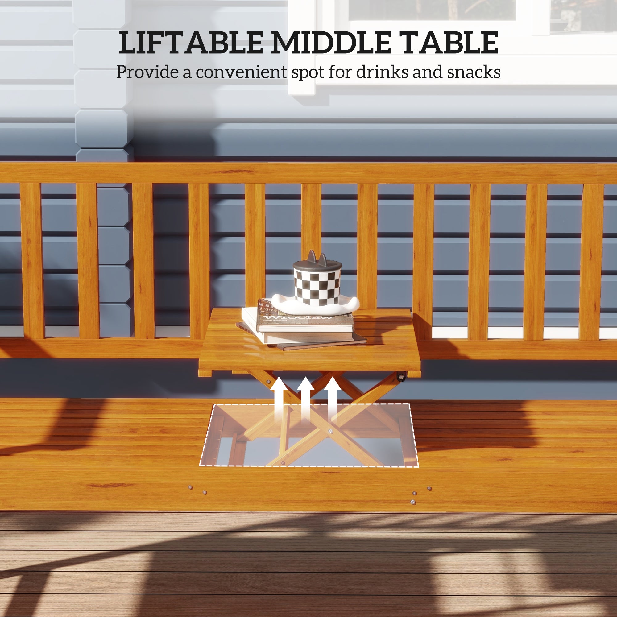 Outsunny Wooden Bench with Liftable Middle Table, Outdoor Bench, Patio Loveseat for Porch, Garden, Seats 2-3 People 