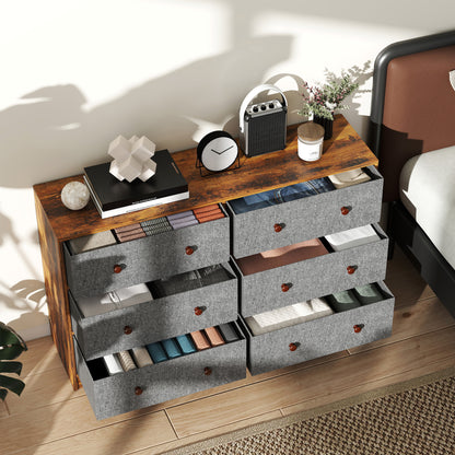HOMCOM Chest of Drawers, Dresser with 6 Fabric Drawers - Grey and Rustic Brown