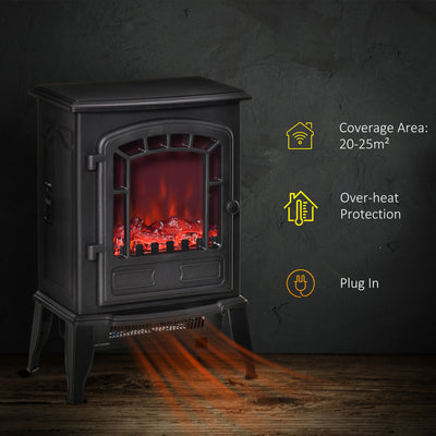 HOMCOM Free standing Electric Fireplace Stove, Fireplace Heater with Realistic Flame Effect, Overheat Safety Protection, 1000W/2000W, Black 