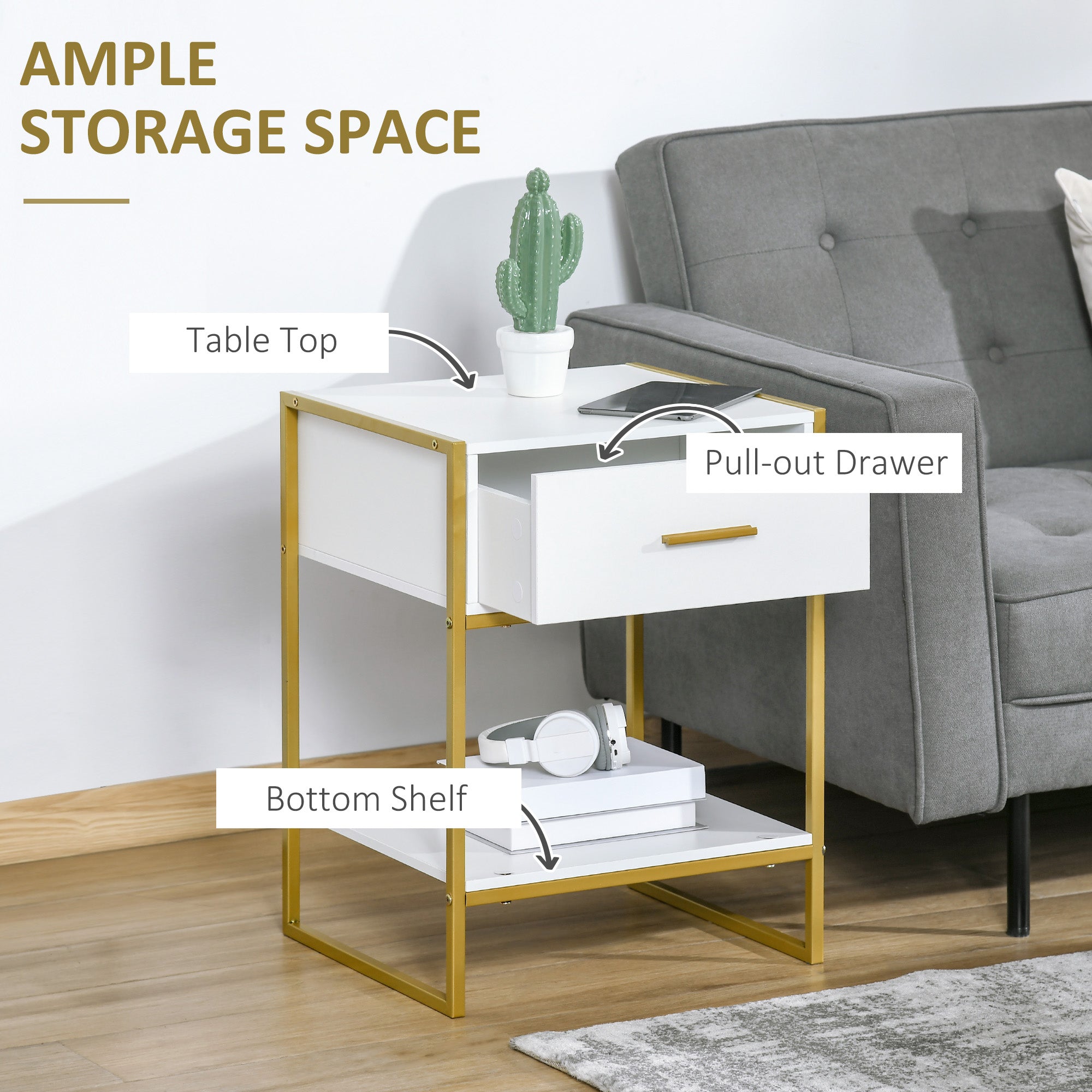 HOMCOM Bedside Table Set of 2, Modern Side Tables with Drawer and Shelf, Nightstands for Bedroom, White