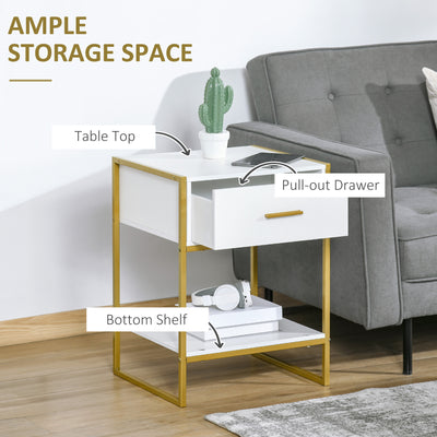 HOMCOM Bedside Table Set of 2, Modern Side Tables with Drawer and Shelf, Nightstands for Bedroom, White 