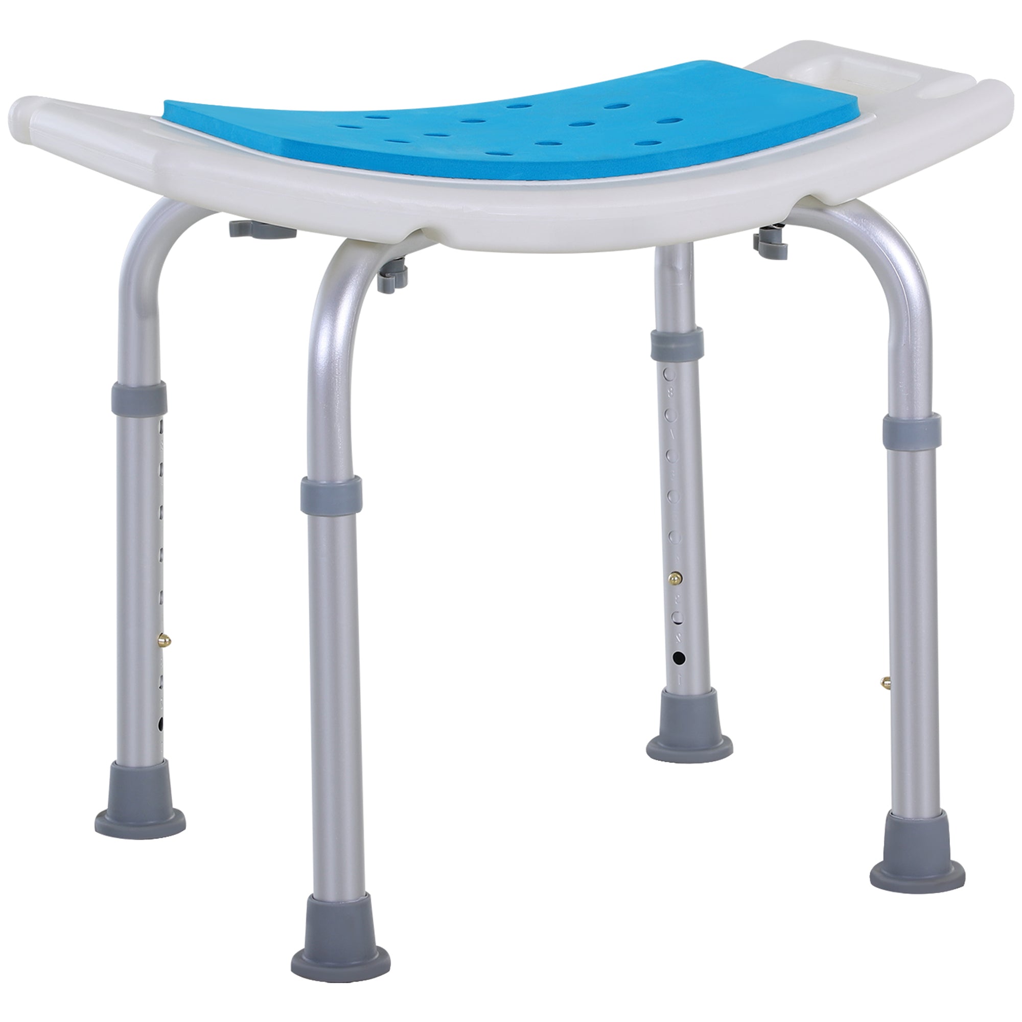 HOMCOM 6-Level Height Adjustable Aluminium Bath Room Stool Chair Shower Non-Slip Design w/ Padded Seat Drainage Holes Foot Pad, Blue 