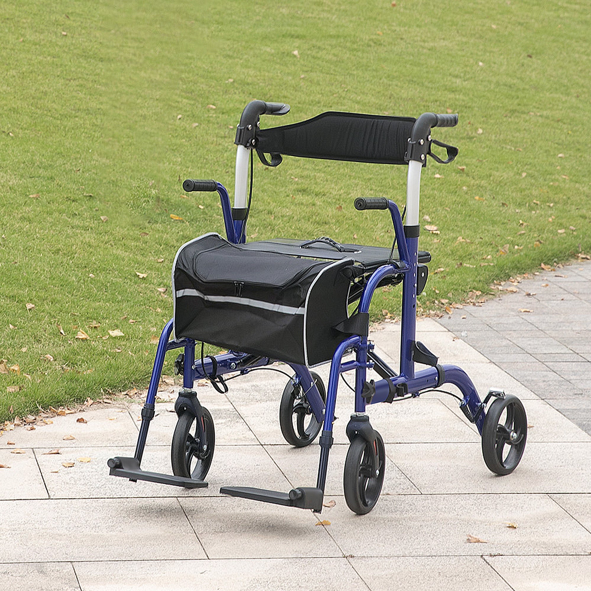 HOMCOM 2 in 1 Wheelchair Transport Chair & Folding Rollator Walker with Seat, Backrest, Footrest, Lightweight Walking Frame with Bag, Adjustable Height, 4 Wheeled Walker for Seniors, Pearl Blue 