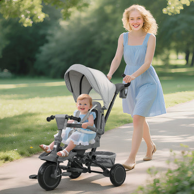 AIYAPLAY 6 in 1 Foldable Kids Trike with Adjustable Parent Handle & Canopy for Ages 1-5, Grey 