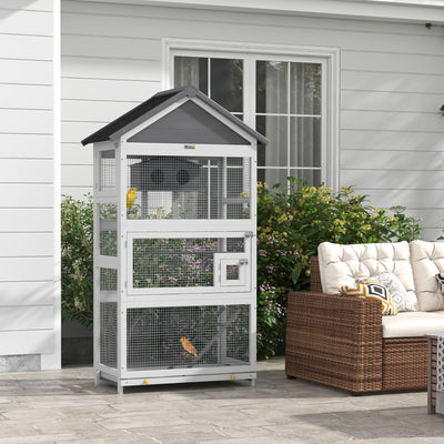 PawHut Wooden Bird Cage, with Stand, for Finches, Parakeets, Small birds - Grey 