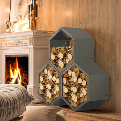 Outsunny Three-Shelf Hexagon Metal Firewood Rack - Grey 