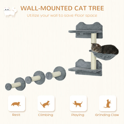 PawHut 4 Piece Cat Shelf with Scratching Post, Wall-Mounted Cat Tree for Indoor Cat - Grey 