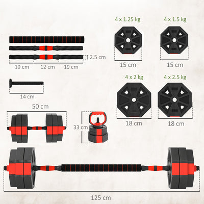 SPORTNOW 6-in-1 Adjustable Weight Dumbbells Set, Used as Kettlebell, Barbell, Dumbbell, Push-Up Stand, 30kg Free Weights Set for Men and Women Home Gym Training, Red 
