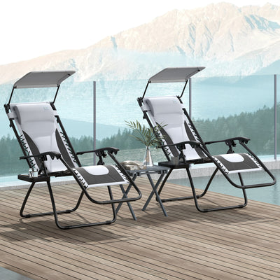 Outsunny Zero Gravity Lounger Chair Set of 2, Folding Reclining Patio Chair with Shade Cover, Padded Seat, Cup Holder, Soft Cushion and Headrest for Poolside, Camping, Light Grey 