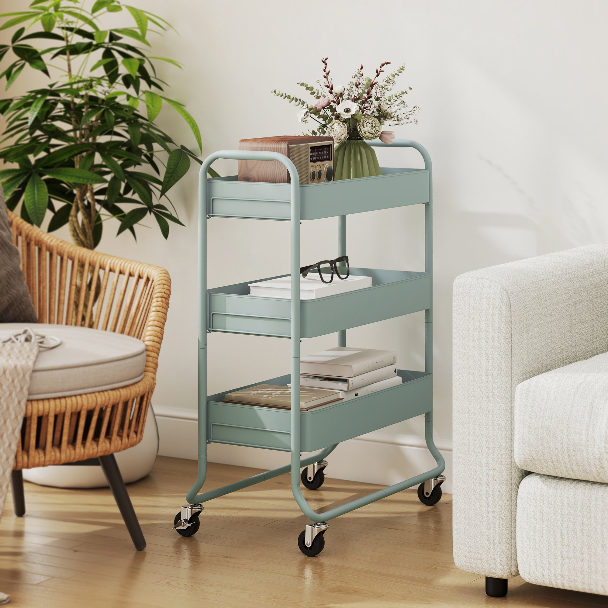 HOMCOM 3-Tier Storage Trolley on Wheels, Rolling Utility Cart with Mesh Backets for Kitchen, Bathroom, Bedroom, Light Green 