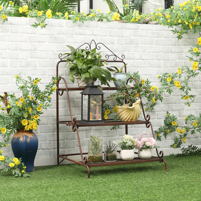 Outsunny 3 Tier Stair Style Metal Plant Stand, Flower Pot Holder Display Shelf, Storage Organizer Rack for Indoor Outdoor Patio Balcony Yard 