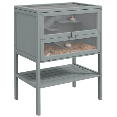 PawHut Wooden Hamster Cage 3 Tier House w/ Storage Shelf, Openable Top for Gerbils, Grey 