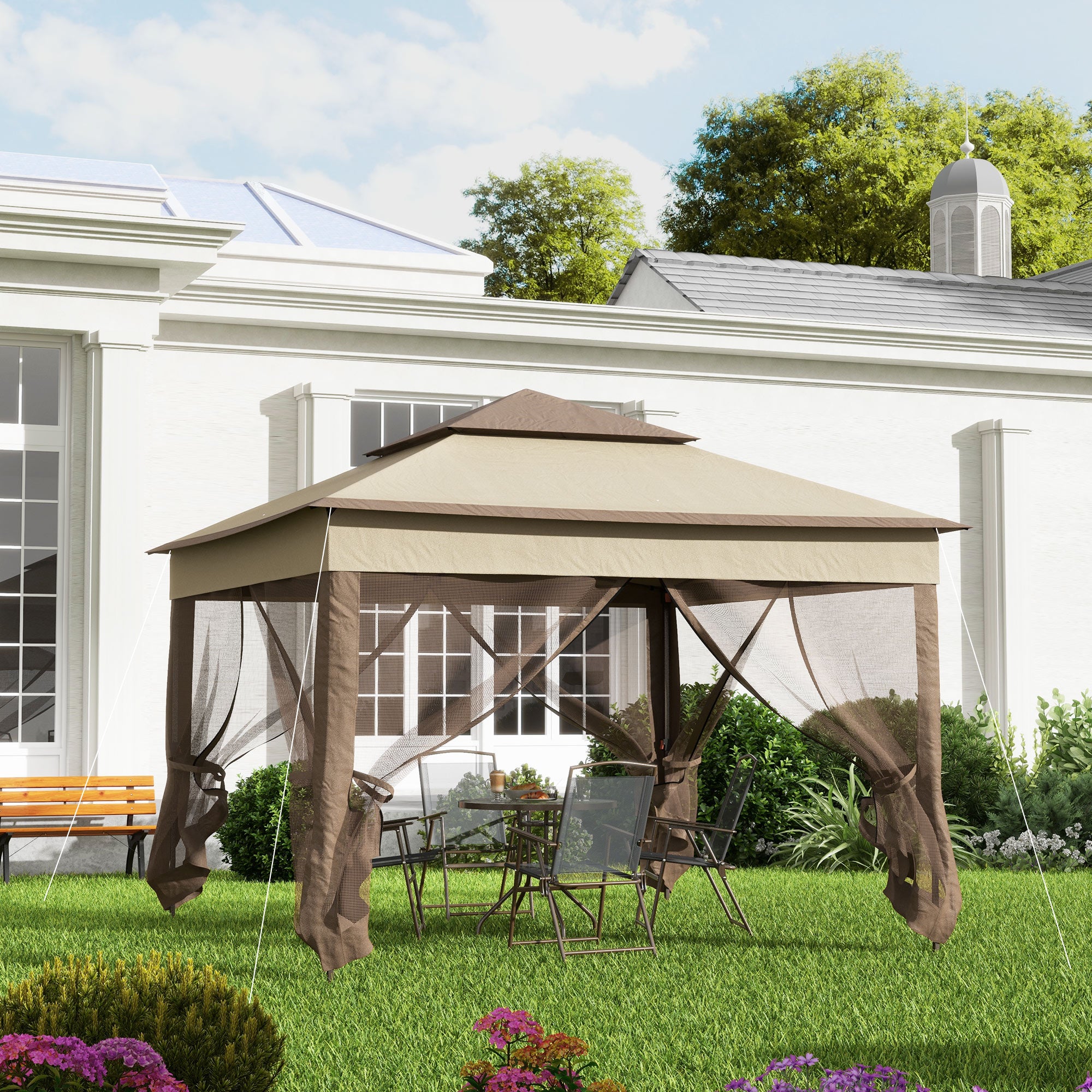 Outsunny 3 x 3(m) Pop Up Gazebo, Marquee Party Tent with Double Tier Roof, Netting and Carry Bag, Event Shelter for Outdoor Patio, Khaki 