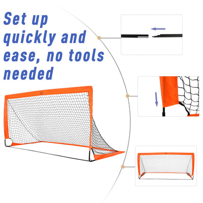 HOMCOM Set of 2 Football Goal Net 6 x 3 ft Foldable Outdoor Sport Training Teens Adults Football with Carrying Bag Orange 